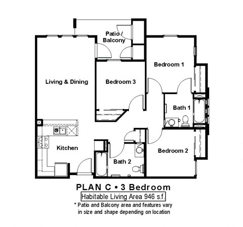 Floor plan for 3 beds, 2 baths, 946 sqft